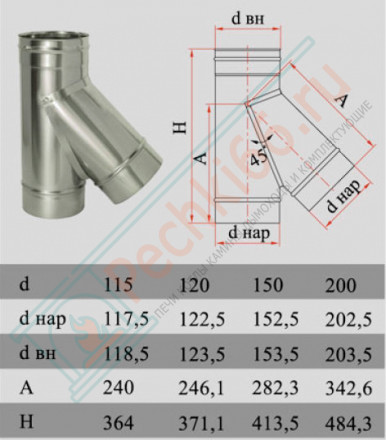 Тройник 45° без изол (НЕРЖ-321/0,8) d-150 (Дымок-Lux)