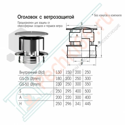 Оголовок с ветрозащитой (AISI-316L/0,5-AISI-304/0,5) d-200/300 (Craft-GS-50)