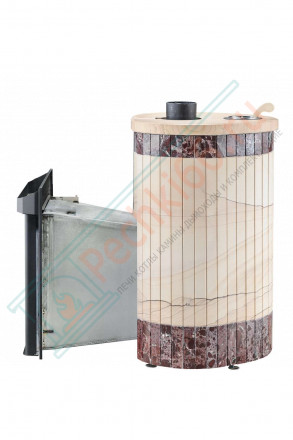 Дровяная банная печь Макси ПФ "Окаменевшее дерево перенесённый рисунок + Россо Леванте" (Ферингер)