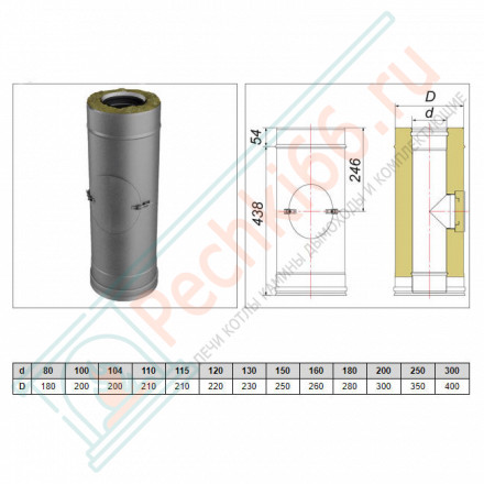 Труба V50R с лючком ревизии с изол L=500 (AISI-321/0,8-AISI-304/0,5) d-104/200 (Вулкан-Cerablanket)